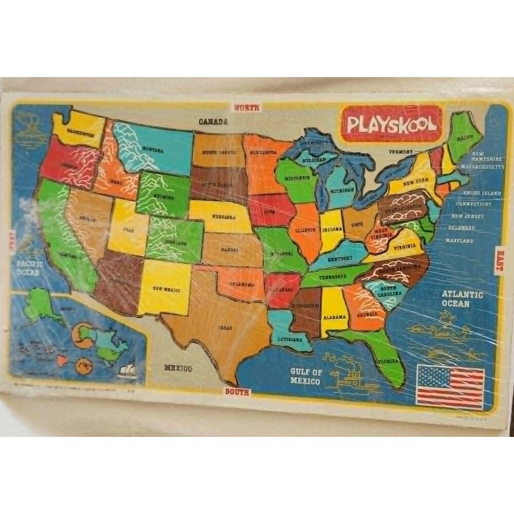 Vintage 1981 Playskool USA United States Map Wooden Puzzle Toy EUC made in usa